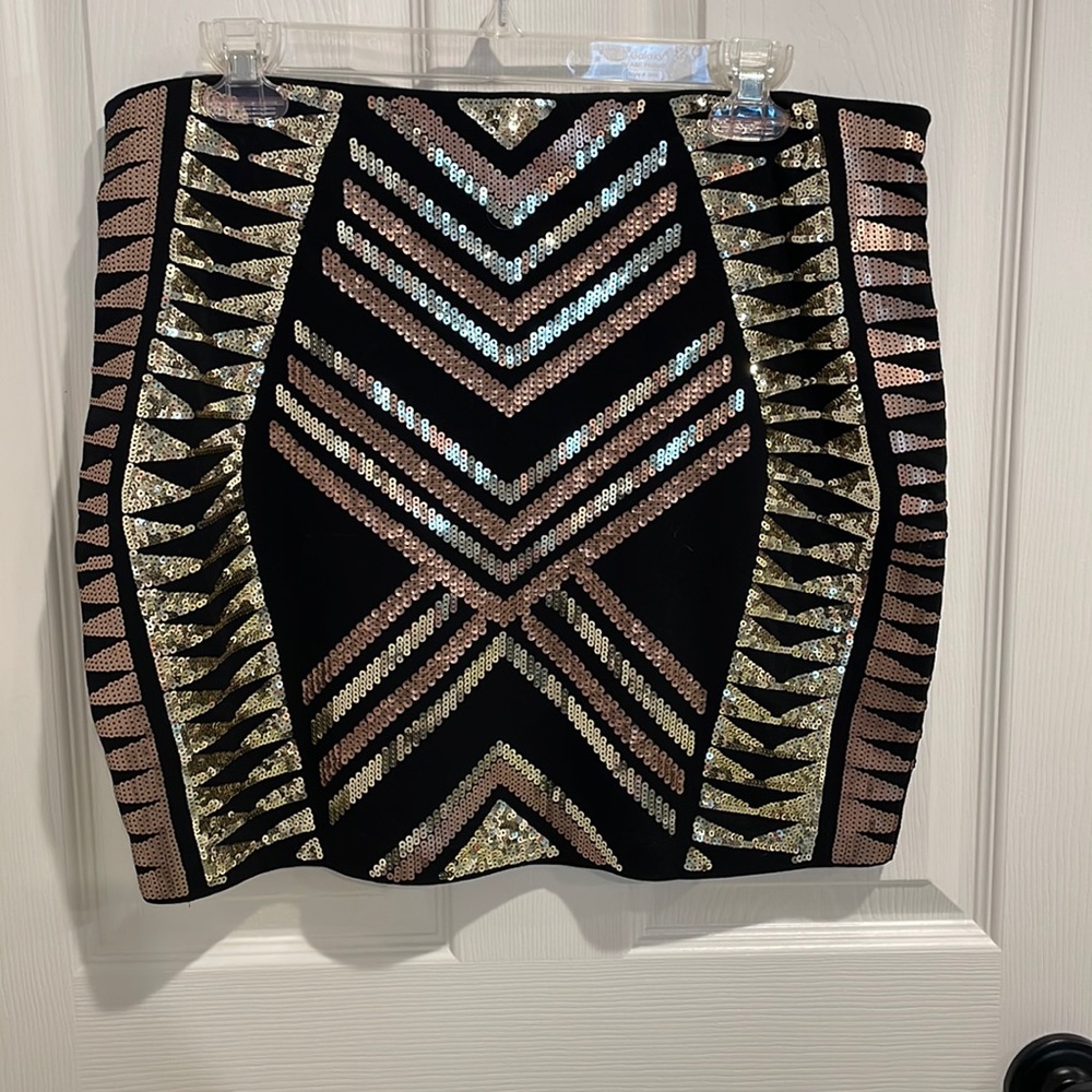 Express Black skirt with Gold and Rose Gold sequins. 17”. NWOT size Large